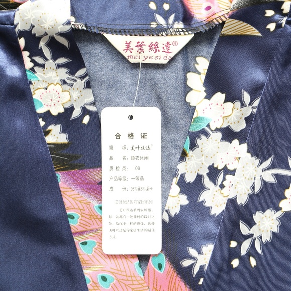 MEI YESIDA Navy Blue Silk Satin Kimono Style Robe - Picture 3 of 3